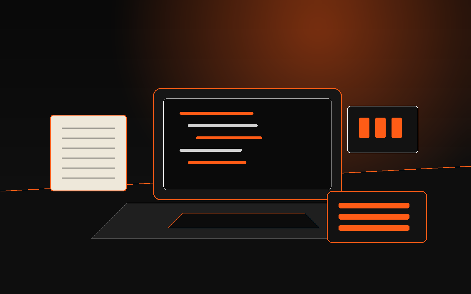 Mesa escura com notebook, anotações e elementos de projeto em laranja